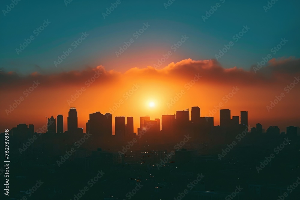 The sun slowly descends behind the city skyline, casting warm hues across the buildings and creating a captivating evening scene, The silhouette of a city skyline during sunset, AI Generated