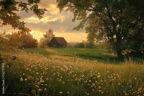Field With Flowers and House in the Background, The quiet scene of a countryside bathed in the warm light of a midsummer sunset, AI Generated