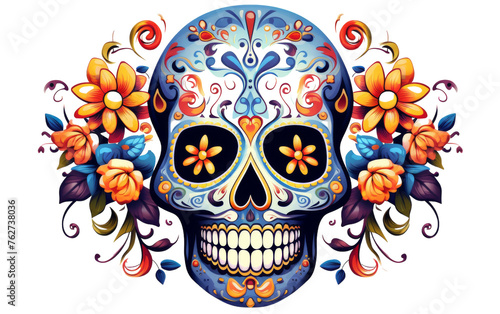 A vibrant skull adorned with colorful flowers on its head, creating a striking contrast of life and death