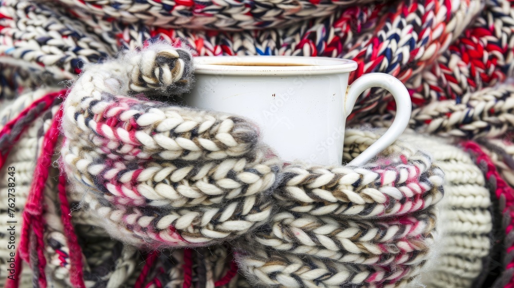 a close up of a cup of coffee in a knitted sweater with a mitten on top of it.