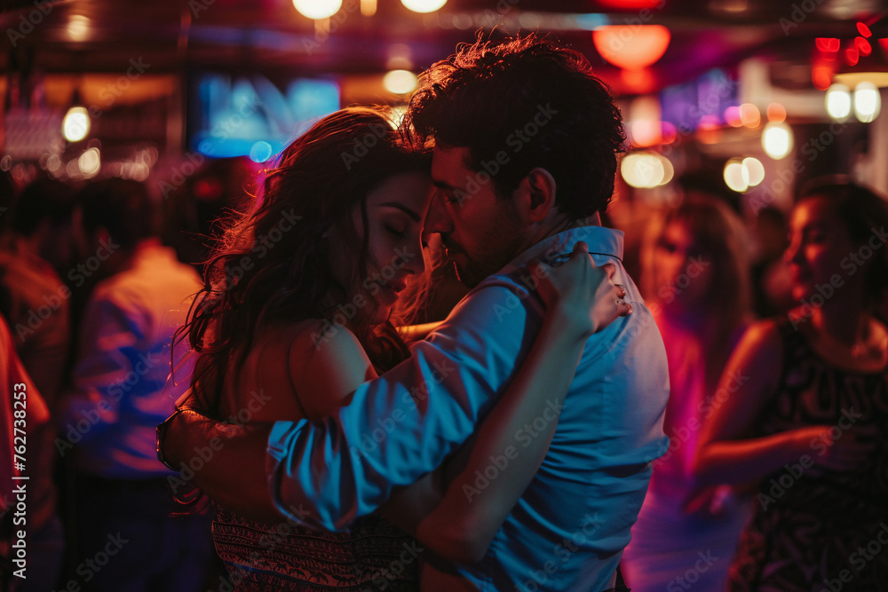 A couple dancing closely in a crowded club lost in the city