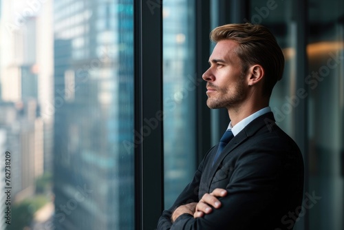 A man stands in front of a window, with his arms crossed, displaying a confident and determined demeanor, Thoughtful businessman looking outside the window of a high-rise office, AI Generated