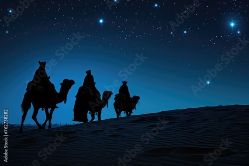 Three men, believed to be wise, are riding on camels through the desert at night, Three wise men following the star on Christmas night, AI Generated