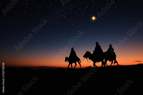 Three individuals riding on horseback under a starlit sky  Three wise men following the star on Christmas night  AI Generated