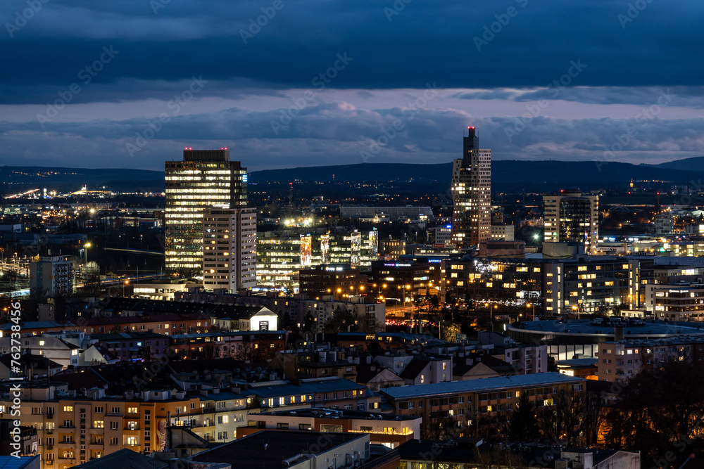 Brno, Czech Republic - City skyline at sunset. View of a modern district with high-rise buildings in the city center.