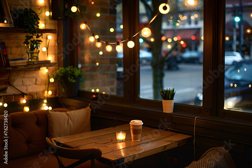 A cozy coffee shop corner with warm lighting inviting