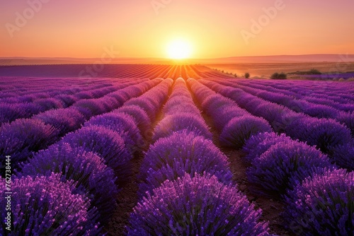 A vibrant sky as the sun sets over a blooming lavender field  creating a picturesque scene  Tranquil lavender fields just before sundown  AI Generated