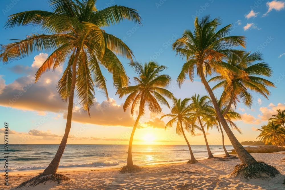 As the sun sets, palm trees line the beach, creating a stunning tropical scene, Tropical beach at sunset with towering palm trees, AI Generated