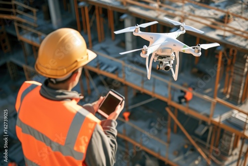 A man dressed in a hard hat and orange safety vest holds a cell phone and tools, Unmanned aerial vehicles (drones) used for construction site mapping, AI Generated