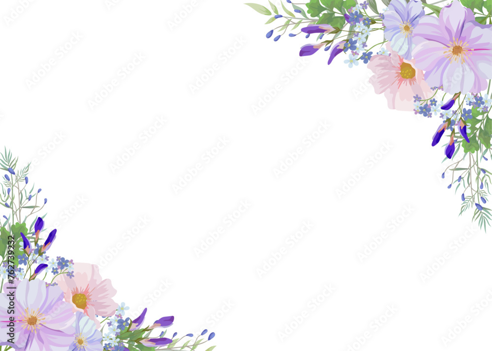 Botanical flowers rectangle frame and border of spring flower and leaf. Blue and  purple  wildflowers vector illustration.