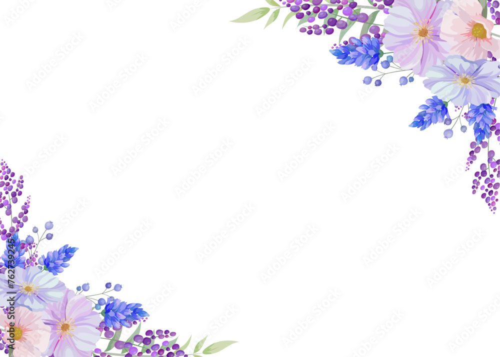 Botanical flowers rectangle frame and border of spring flower and leaf. Blue and purple wildflowers vector illustration. Botanical flowers rectangle frame and border of spring flower and leaf. Blue and purple wildflowers vector illustration.