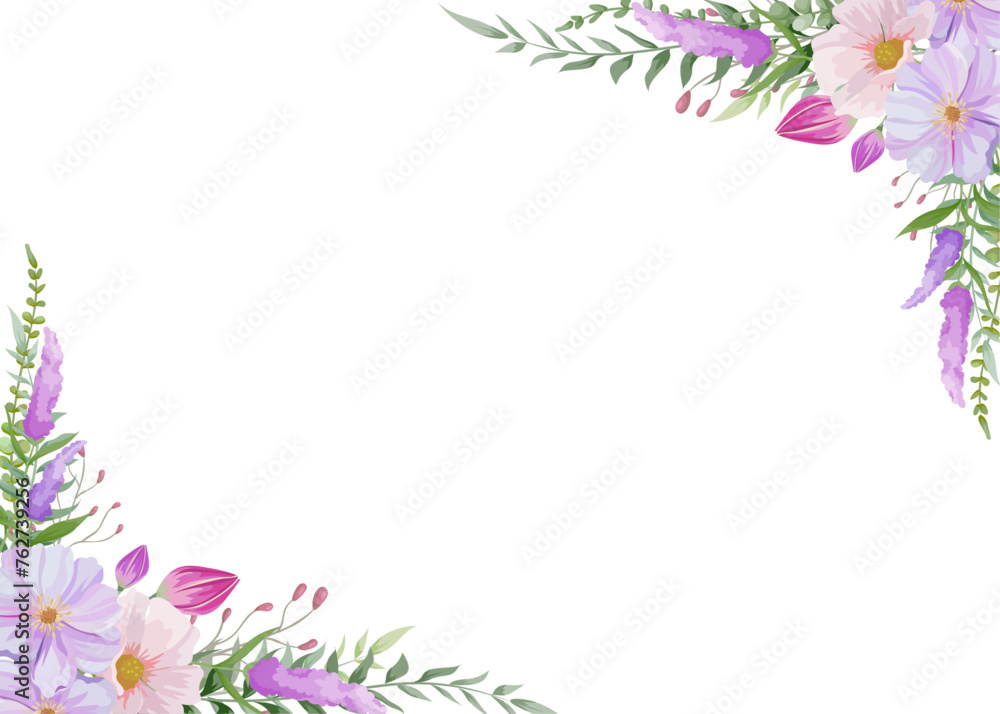 Botanical flowers rectangle frame and border of spring flower and leaf. Blue and purple wildflowers vector illustration. Botanical flowers rectangle frame and border of spring flower and leaf. Blue and purple wildflowers vector illustration.