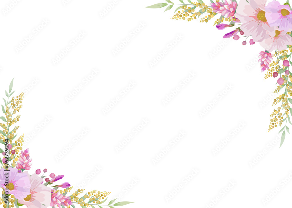 Botanical flowers rectangle frame and border of spring flower and leaf. Yellow and pink wildflowers vector illustration. Botanical flowers rectangle frame and border of spring flower and leaf. Yellow and pink wildflowers vector illustration.