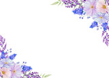 Botanical flowers rectangle frame and border of spring flower and leaf. Blue and  purple  wildflowers vector illustration.
