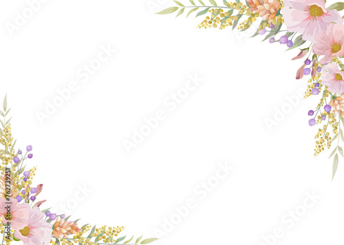 Botanical flowers rectangle frame and border of spring flower and leaf. Yellow and  pink  wildflowers vector illustration.