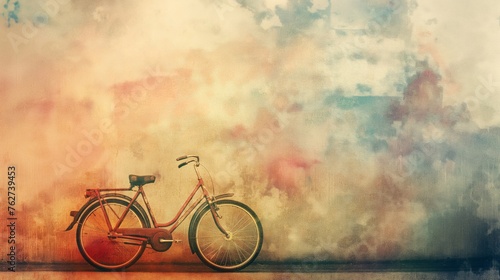 Classic red bike with artistic clouds and grunge textures overlay
