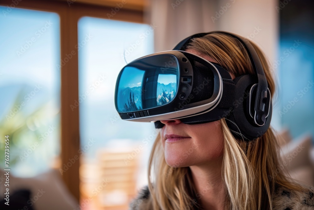 A woman wearing a virtual reality headset, immersed in a digital environment, Virtual reality therapy for anxiety disorders, AI Generated A woman wearing a virtual reality headset, immersed in a digital environment, Virtual reality therapy for anxiety disorders, AI Generated