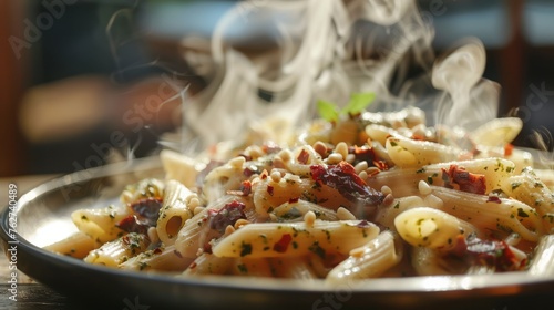 Steaming Penne Pasta with Pesto, Pine Nuts, and Sun-Dried Tomatoes