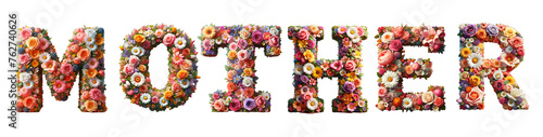 Word MOTHER shaped floral arrangement with various colorful flowers isolated on white background