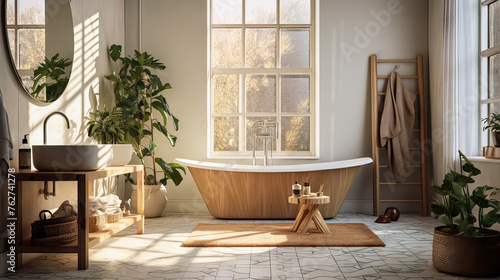 A bathroom with a large bathtub, a sink, and a mirror. The bathroom is decorated with plants and has a rustic feel © Bouchra