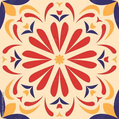 Geometric flower tile in warm colors. A colorful flower with red, blue, and yellow petals. Ceramic tiles in boho style feature simple floral and leaf motifs. Mexico floral mosaic. Spanish pattern.