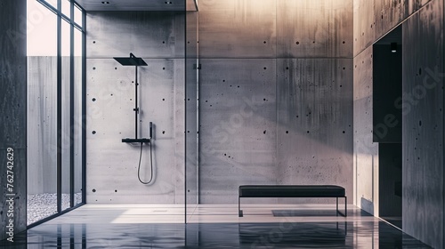 Sleek Frameless Shower Area with Concrete Walls.