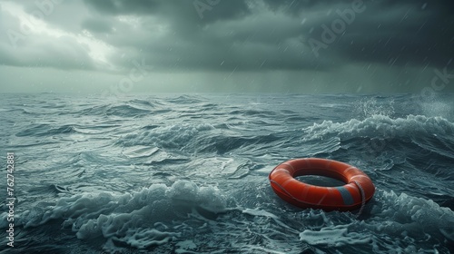 A lone lifebuoy on a stormy sea
