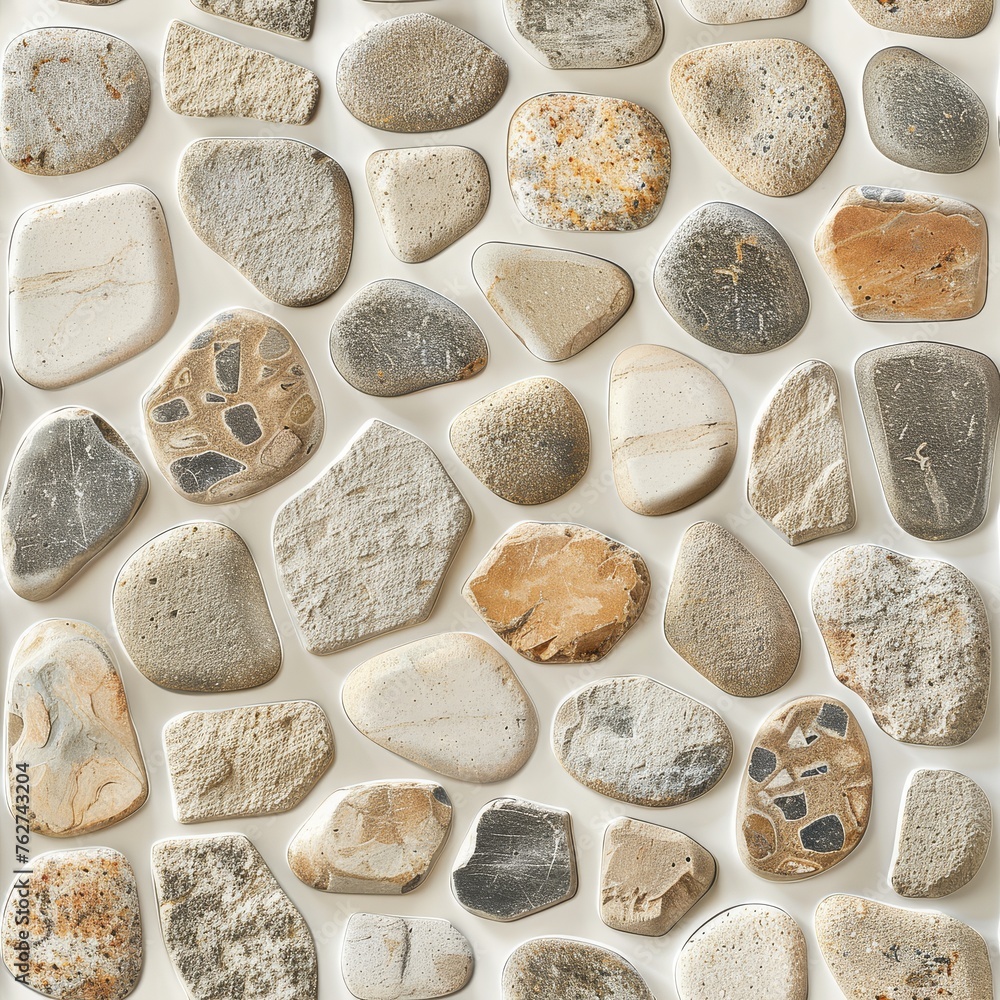 a group of rocks sitting on top of a white table next to a white plate with a slice of pizza on top of it. a group of rocks sitting on top of a white table next to a white plate with a slice of pizza on top of it.