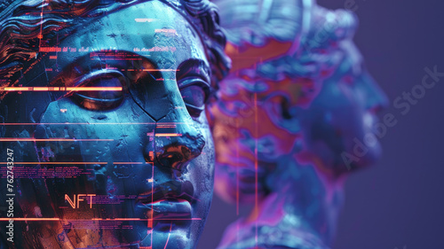 Ancient statue on abstract neon background, NFT token and crypto art at online digital gallery. Concept of blockchain, cryptocurrency, bitcoin, marketplace