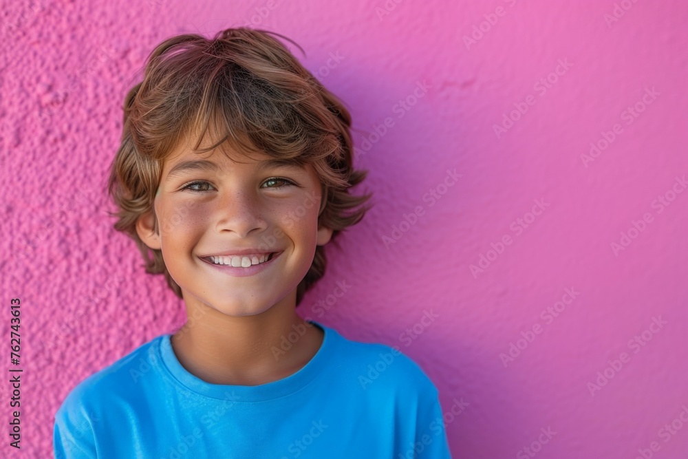 Happy Young Boy Standing in Front of Vibrant Pink Wall Smiling for the Camera Portrait Happy Young Boy Standing in Front of Vibrant Pink Wall Smiling for the Camera Portrait