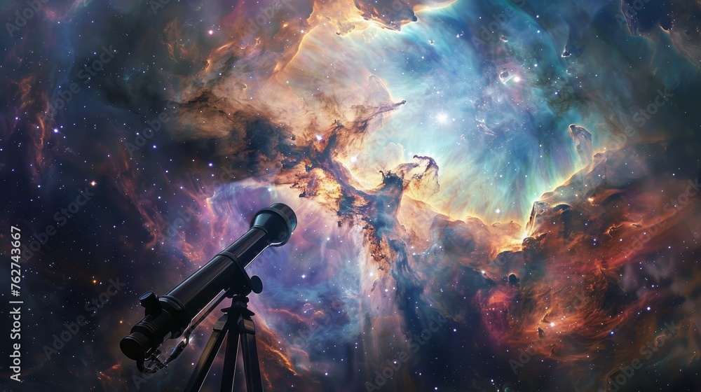 A telescope pointing towards a mural of the galaxy, blending reality with art - obrazy, fototapety, plakaty 