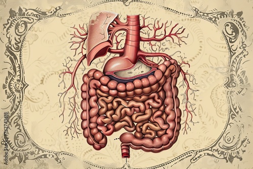 An accurate and detailed illustration of the human body showcasing its organs, including the digestive system. Generative AI photo