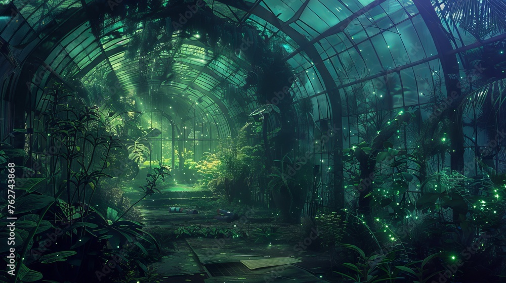 An abandoned greenhouse, with exotic plants glowing softly in bioluminescent light