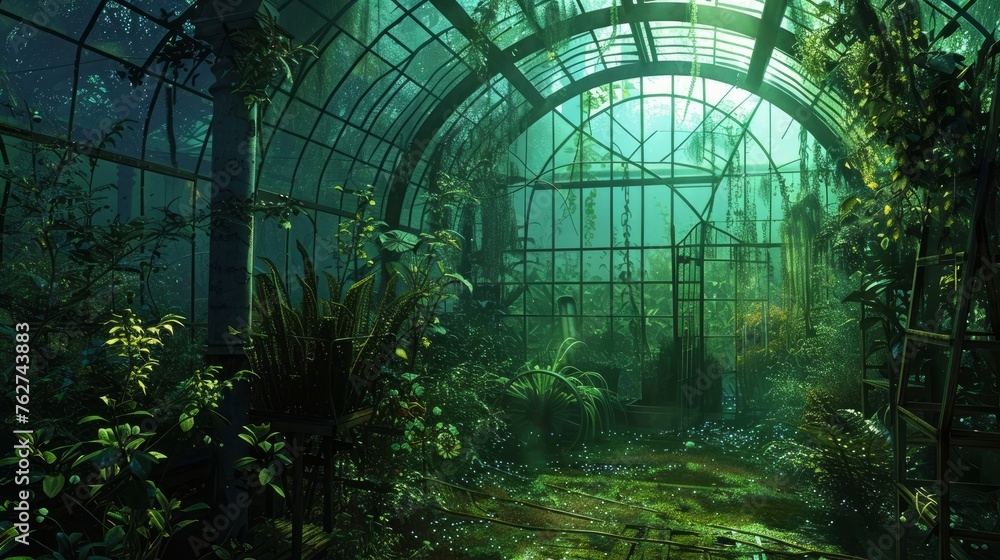 An abandoned greenhouse, with exotic plants glowing softly in bioluminescent light An abandoned greenhouse, with exotic plants glowing softly in bioluminescent light