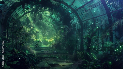 An abandoned greenhouse, with exotic plants glowing softly in bioluminescent light