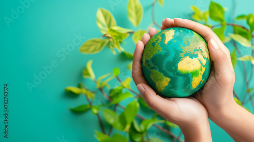 Hands Holding Painted Earth Globe with Greenery. A person holds a globe artistically painted with a green and blue earth motif against a turquoise background, surrounded by leaves.