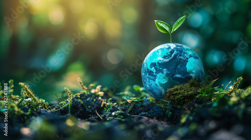 Sprout on Painted Globe in Lush Forest Setting. A young plant sprouts from a blue painted globe resting on rich, mossy soil amidst a vibrant forest background.