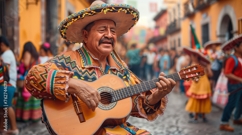 Mexican street musician plays guitar at carnival