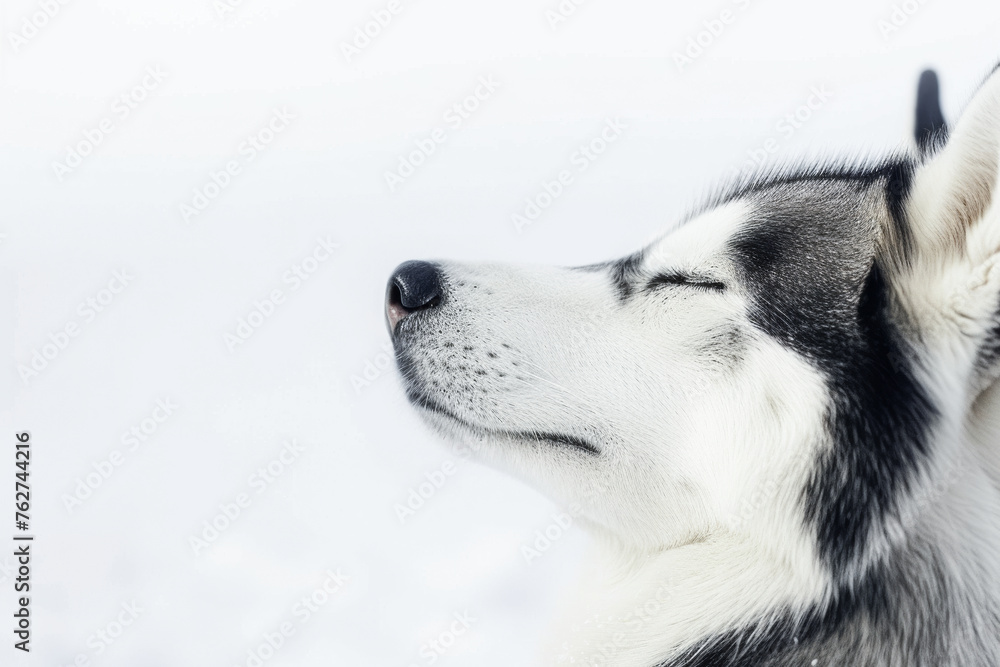 A husky finds tranquility against a snowy backdrop, its closed eyes expressing a moment of peace. The white winter setting enhances its majestic presence.