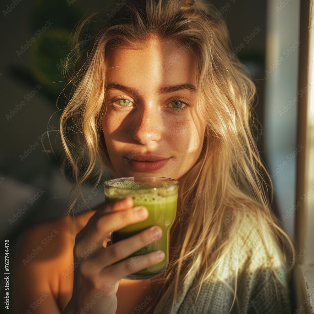 Instagram Influencer Holding a Green Smoothie in Natural Sunlight