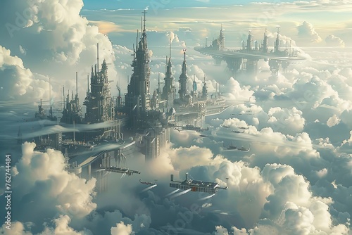 A futuristic city sits atop clouds in the sky, creating an otherworldly scene of urban development amidst the atmospheric mist. Generative AI