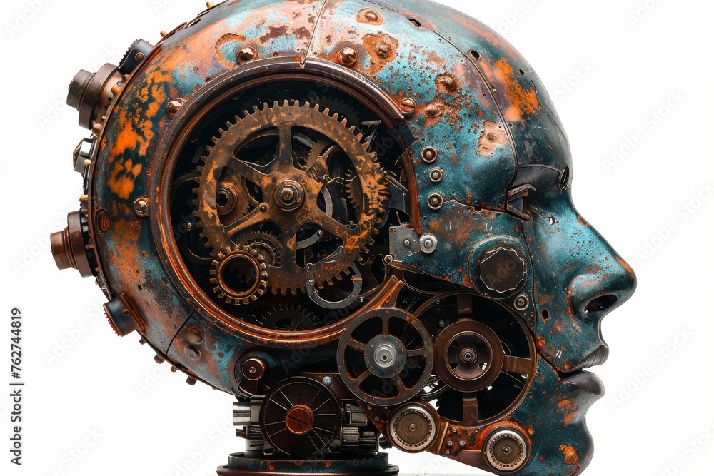 A human head with a toothed clockwork mechanism. The concept of thinking, decision-making