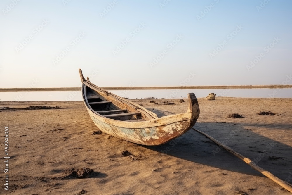 Beached Canoe on River's Edge. A weathered canoe rests on the sandy bank of a river, with paddle and clear skies. Beached Canoe on River's Edge. A weathered canoe rests on the sandy bank of a river, with paddle and clear skies.