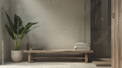 Minimalist Bathroom with Wooden Bench and Potted Plant AI Generated.