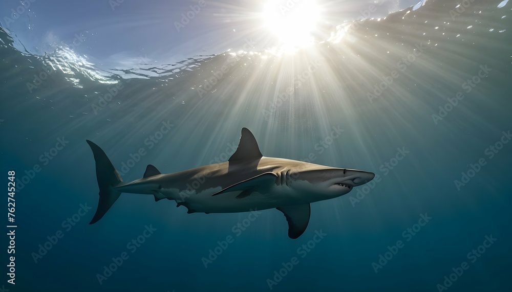 A Hammerhead Shark With Sunlight Filtering Through Upscaled 11 - obrazy, fototapety, plakaty 