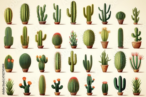 green cactus icons on white background for botanical designs and creative concept
