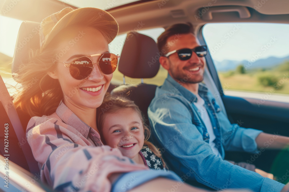 A family shares laughter on a sunny road trip, with the child safely strapped in the backseat. Their joy is as bright as the day.
