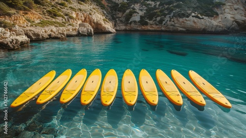 A set of yellow surfboards on a blue sea background