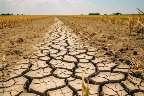 Drought-Stricken Cornfield Pathway. A desolate view down a dry, cracked path in a cornfield, symbolizing severe drought conditions.