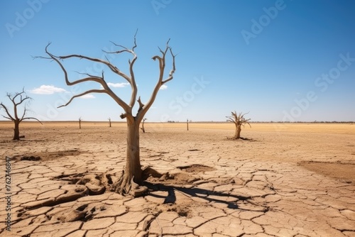 Stark Landscape of Drought-Stricken Trees. Tree skeletons rise from the cracked earth in a desolate landscape under a clear sky.